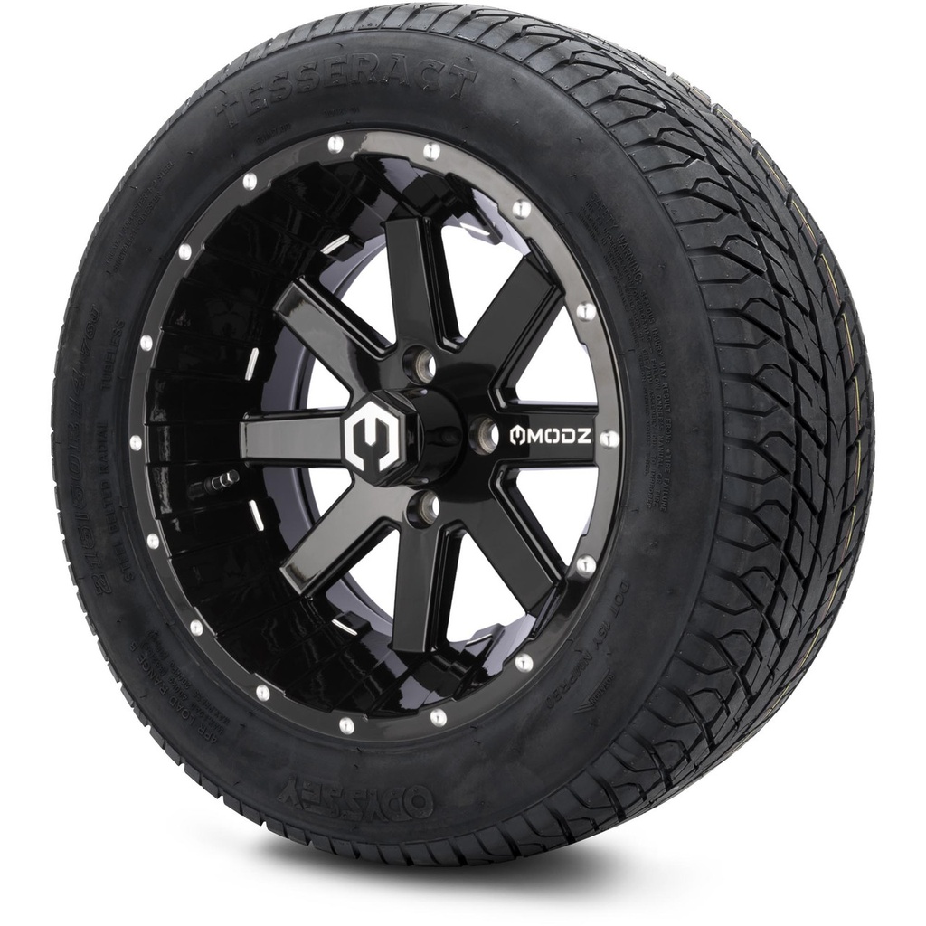 MODZ 14" Assault Glossy Black Wheels & 215/50-14 Street Tires Combo